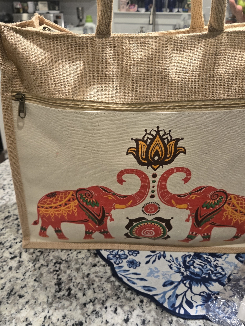 Canvas Jute Tote Bag with Red And Lotus Elephant Print